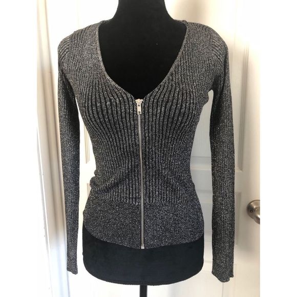 Divided Tops - Divided Silver Shimmer Ribbed Zip Up Top